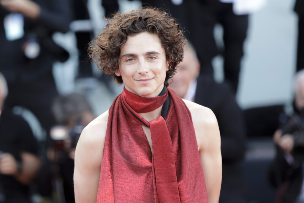 Timothée Chalamet mit nacktem Oberkörper und einem rotem gebundenen Schal.